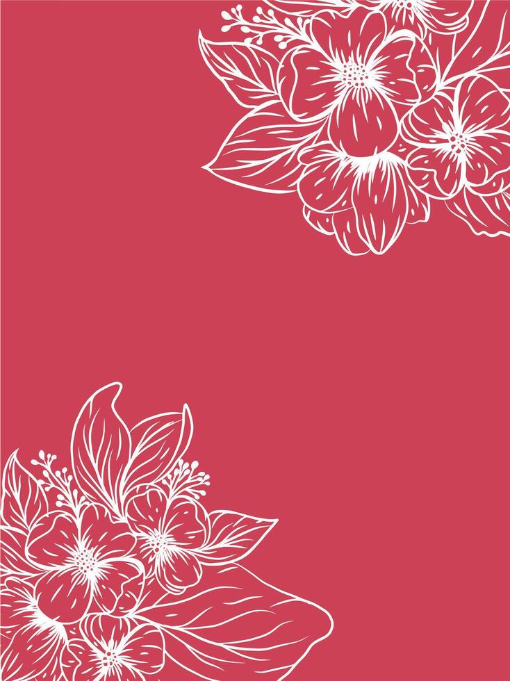 Hand drawn floral background decoration with white line art and red background vector