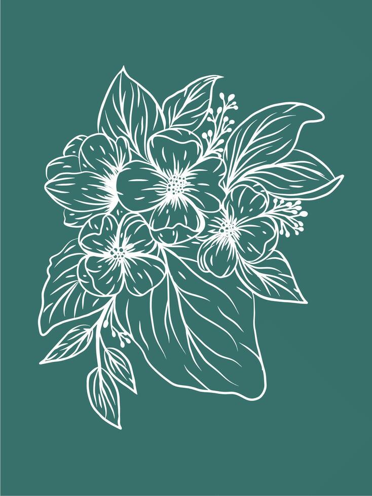 Hand drawn Illustration flower and leaves white line art and green background vector