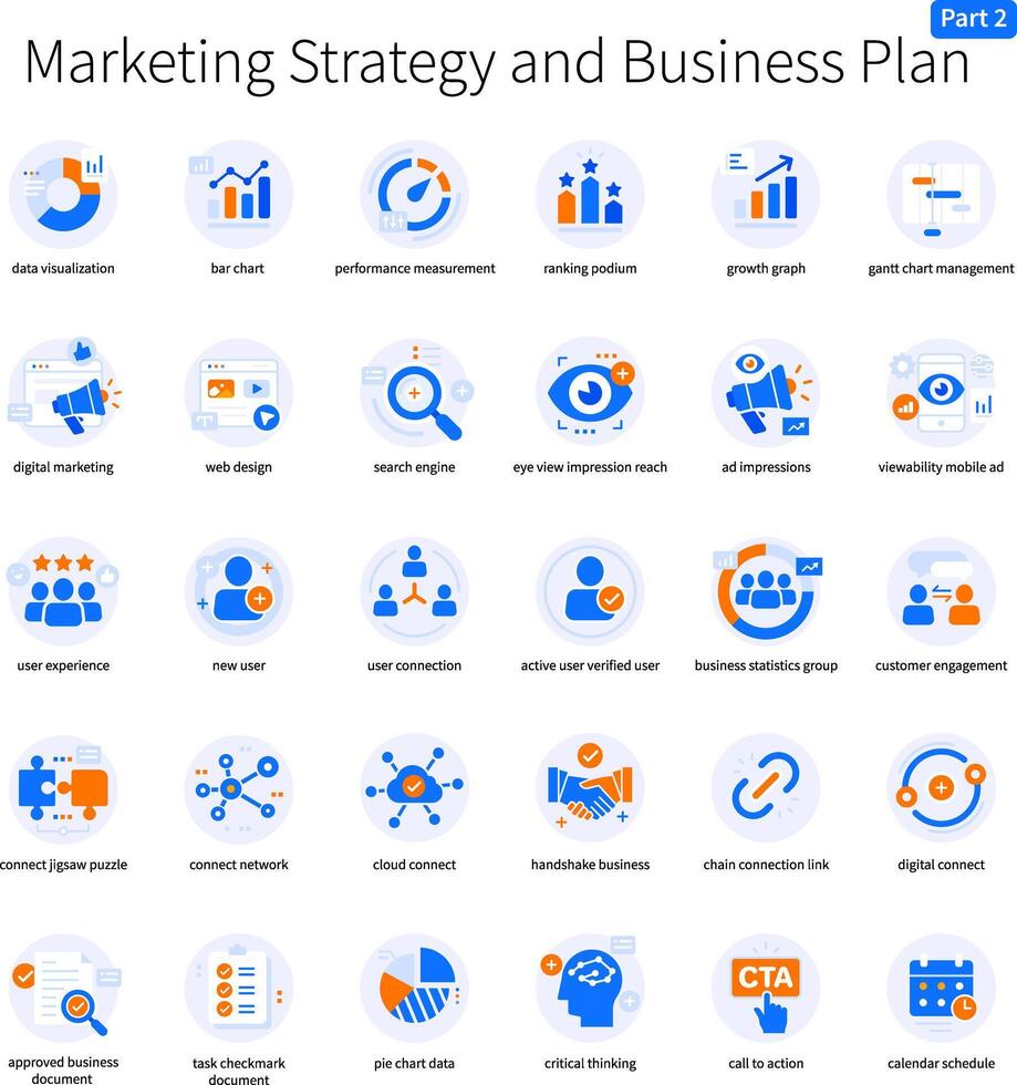 márketing estrategia y negocio plan icono conjunto parte 2 naranja azul color vector