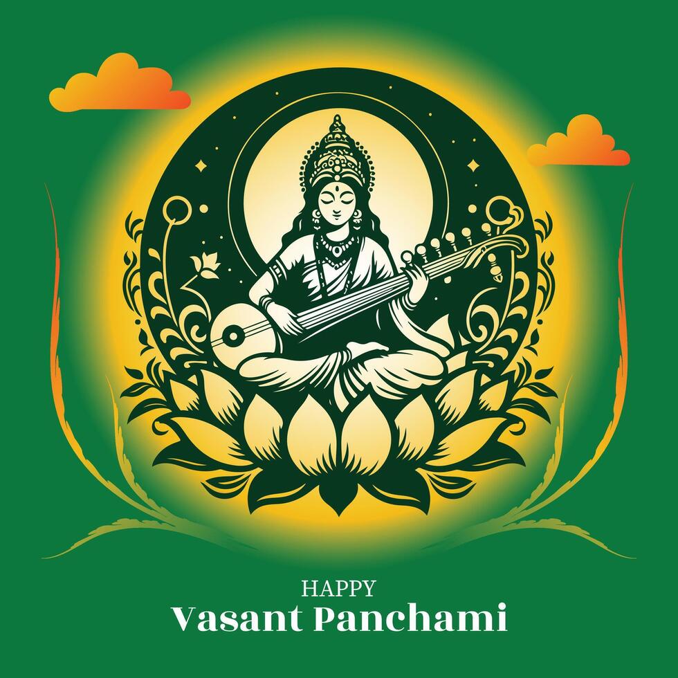 Happy Vasant Panchami Goddess Saraswati with Religious Festival Background. poster, banner, flyer vector illustration design using Saraswati silhouette
