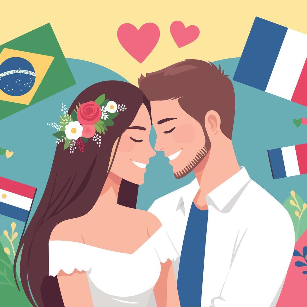 Boda Pareja en amor. vector ilustración en plano dibujos animados estilo. enamorado días.