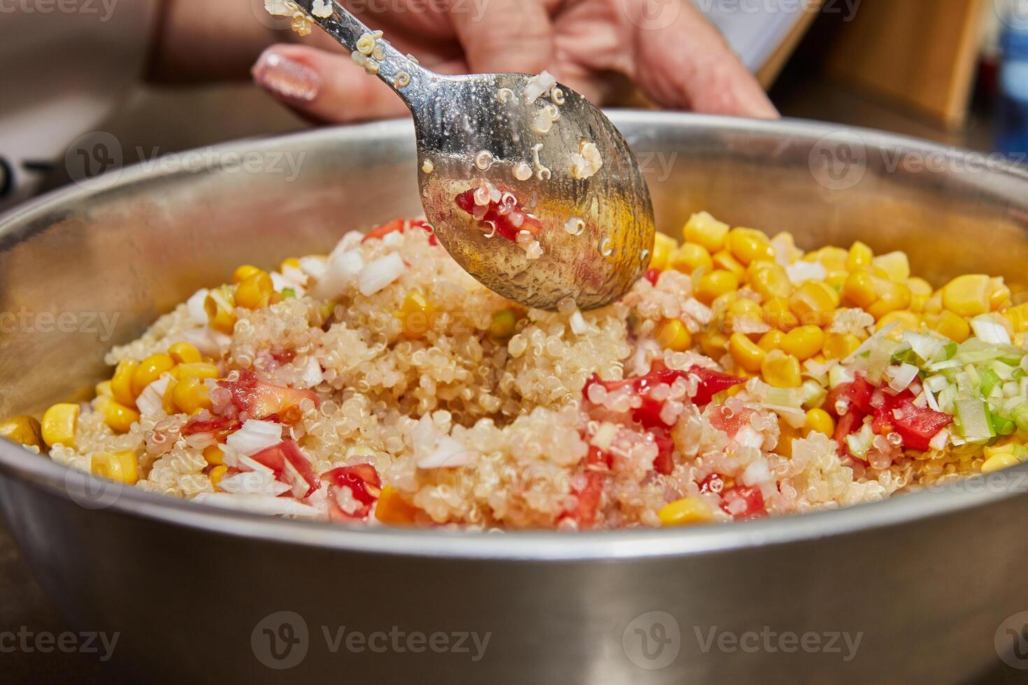 Fresh ingredients for making boiled corn and tomato salad with swan oil and onion filling photo