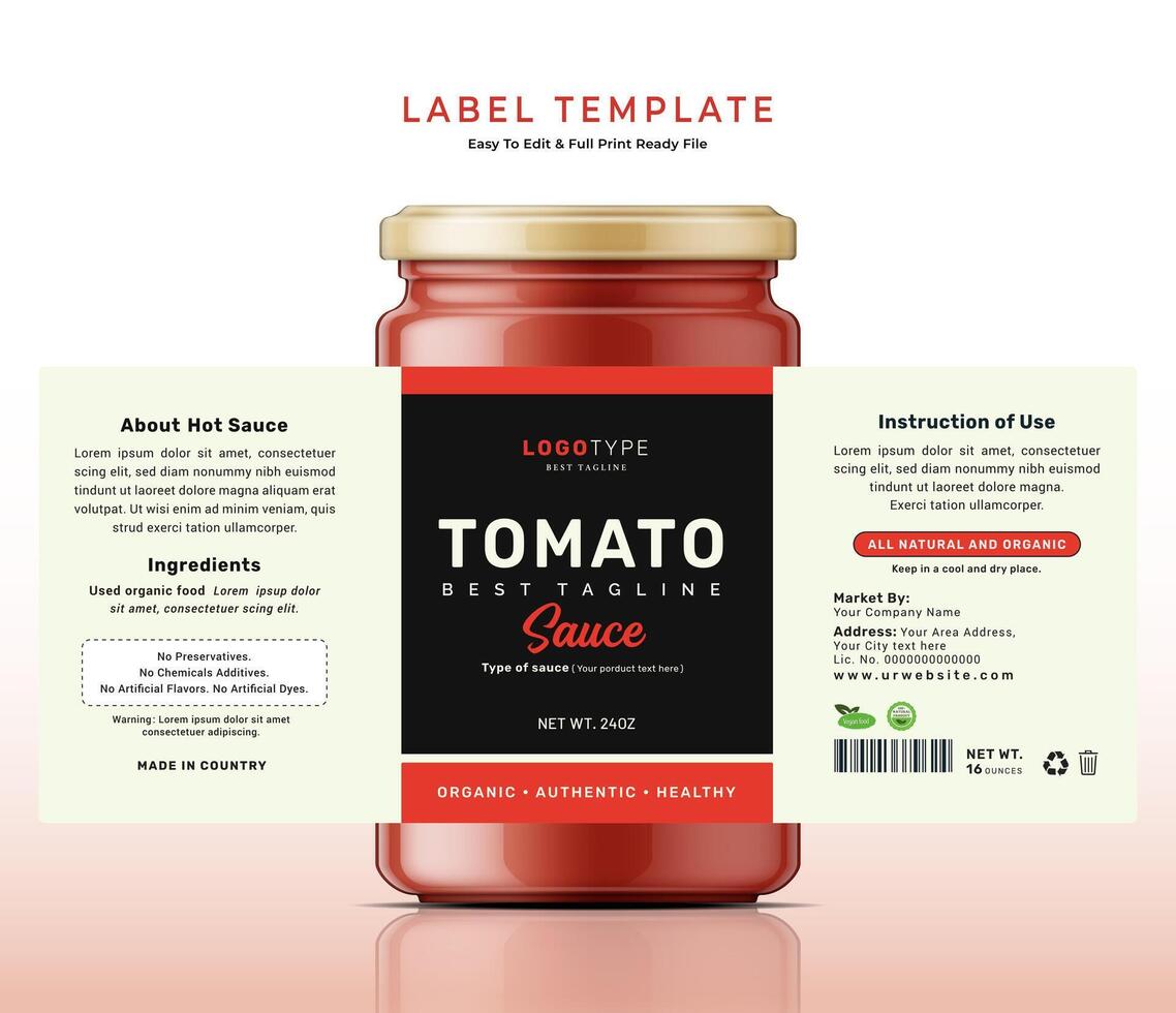 Tomato sauce label bottle jar food sticker banner hot red chili ketchup packaging design. vector