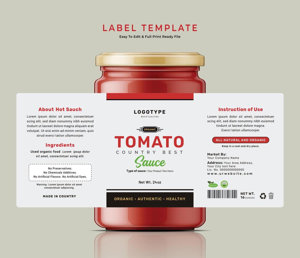 Tomato sauce label bottle jar food sticker banner hot red chili ketchup packaging design. vector