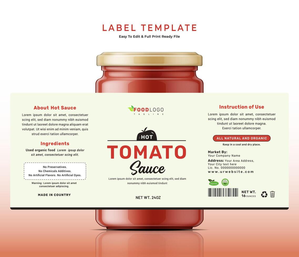 Tomato sauce label bottle jar food sticker banner hot red chili ketchup packaging design. vector