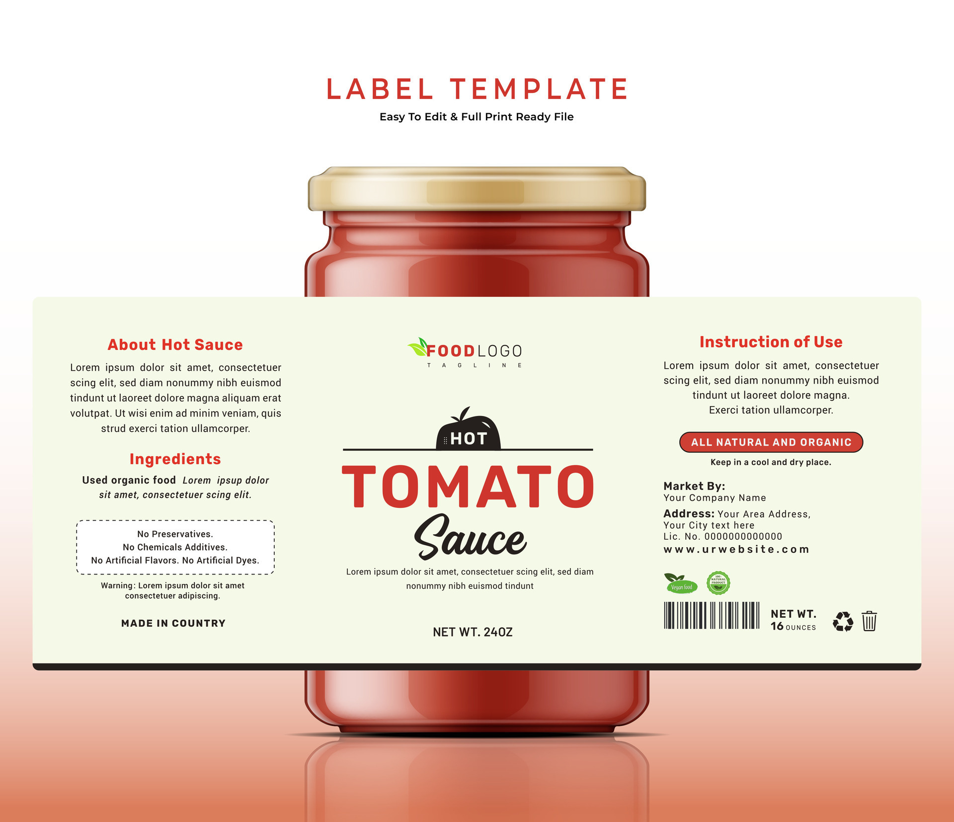 Tomato sauce label bottle jar food sticker banner hot red chili ketchup packaging design