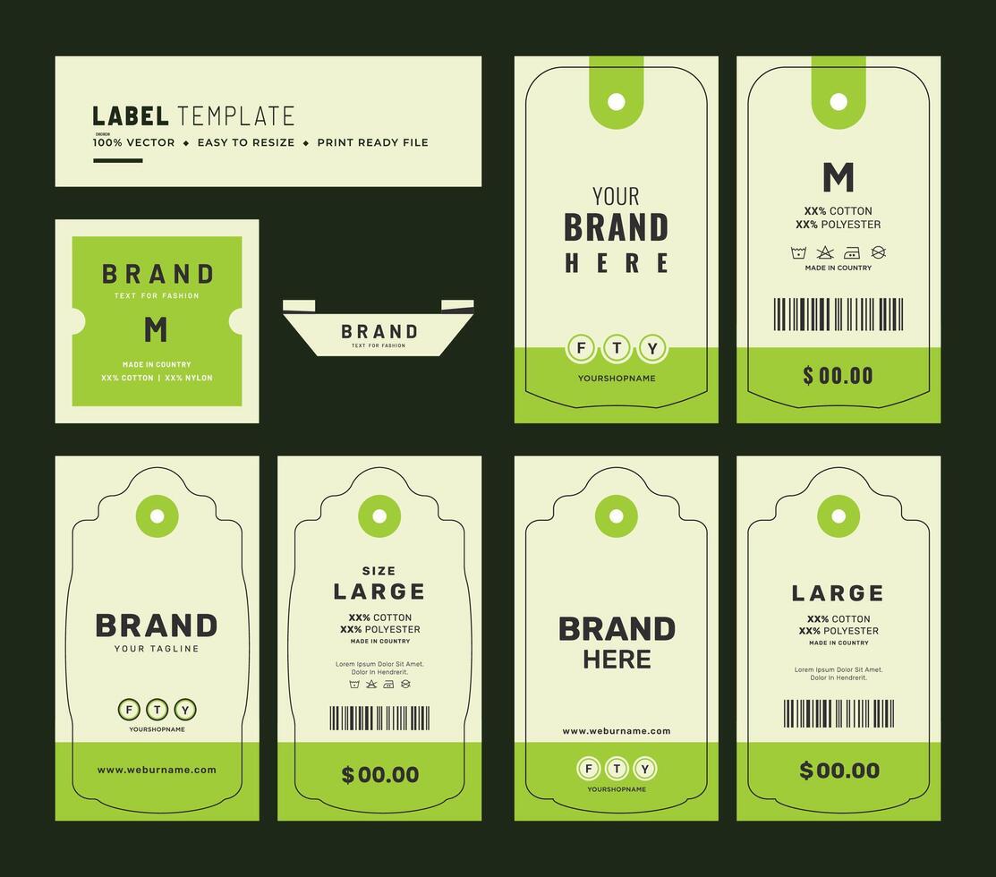 Hang tag label and price tag apparel care label design innovation garments accessories sustainability packaging design and vintage fashion product. vector