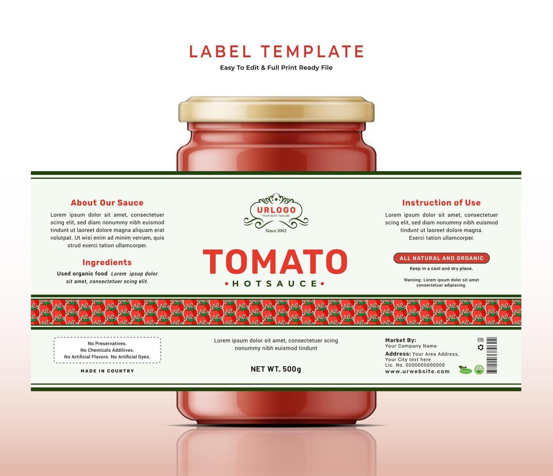 Tomato sauce label bottle jar food sticker banner hot red chili ketchup packaging design. vector