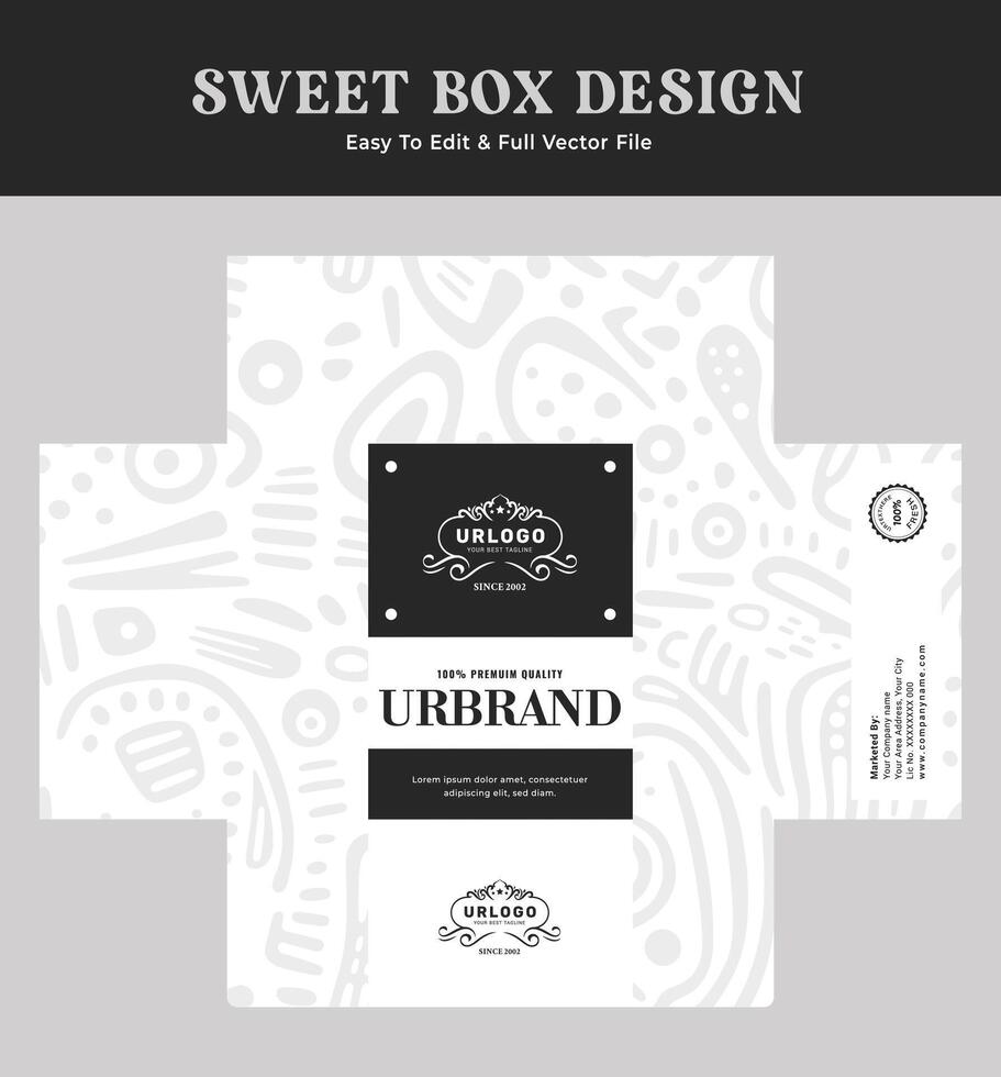 Sweet box design, packaging box label, sweet bakery food box gift pack branding. vector