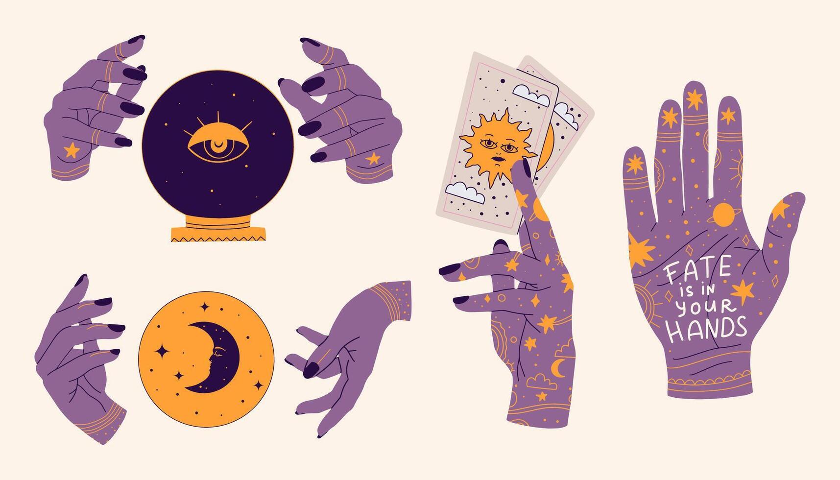Mystical esoteric hands set. Collection of symbols of witchcraft and magic. Trendy vector illustration.