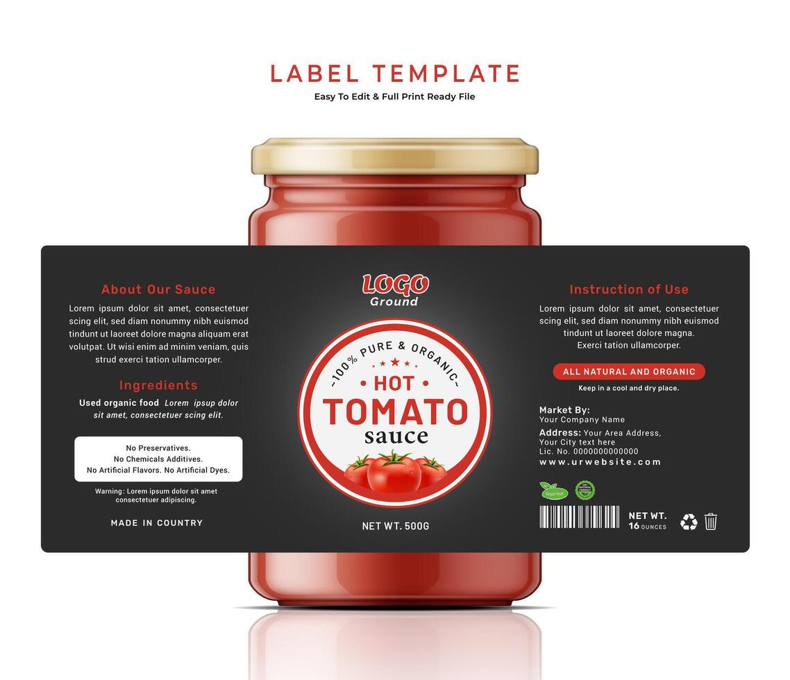 Tomato sauce label bottle jar food sticker banner hot red chili ketchup packaging design. vector