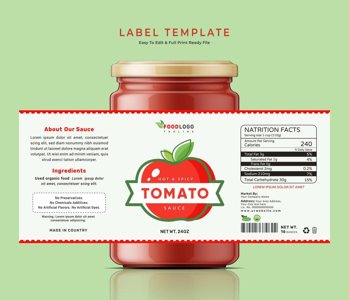 Tomato sauce label bottle jar food sticker banner hot red chili ketchup packaging design. vector