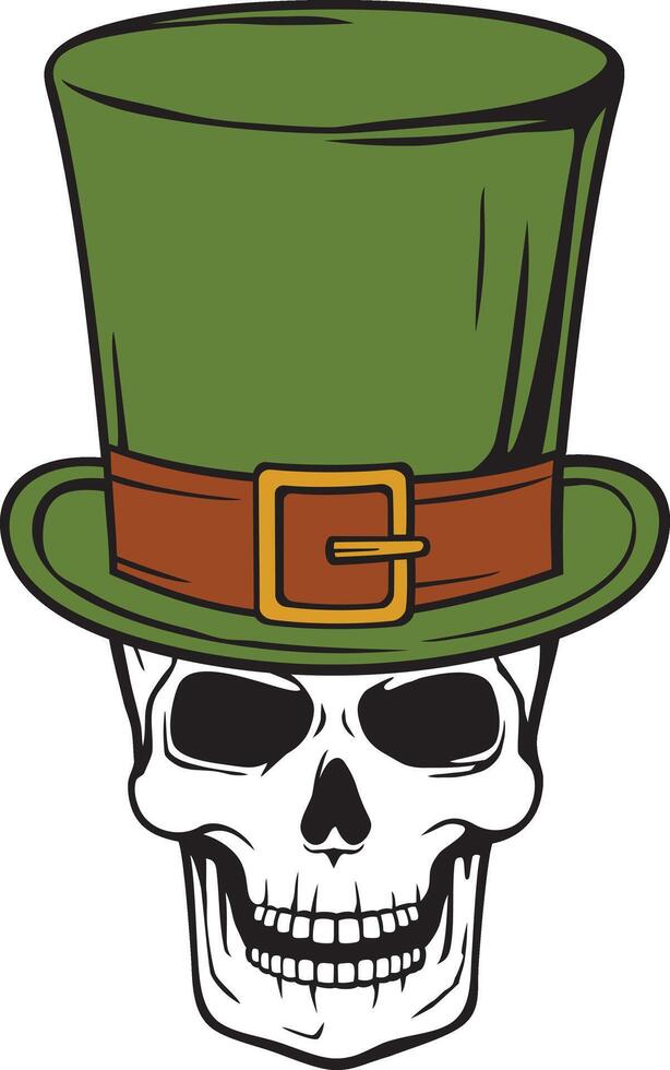 Human Skull with Leprechaun Green Top Hat. St. Patrick Day Design. Vector Illustration.