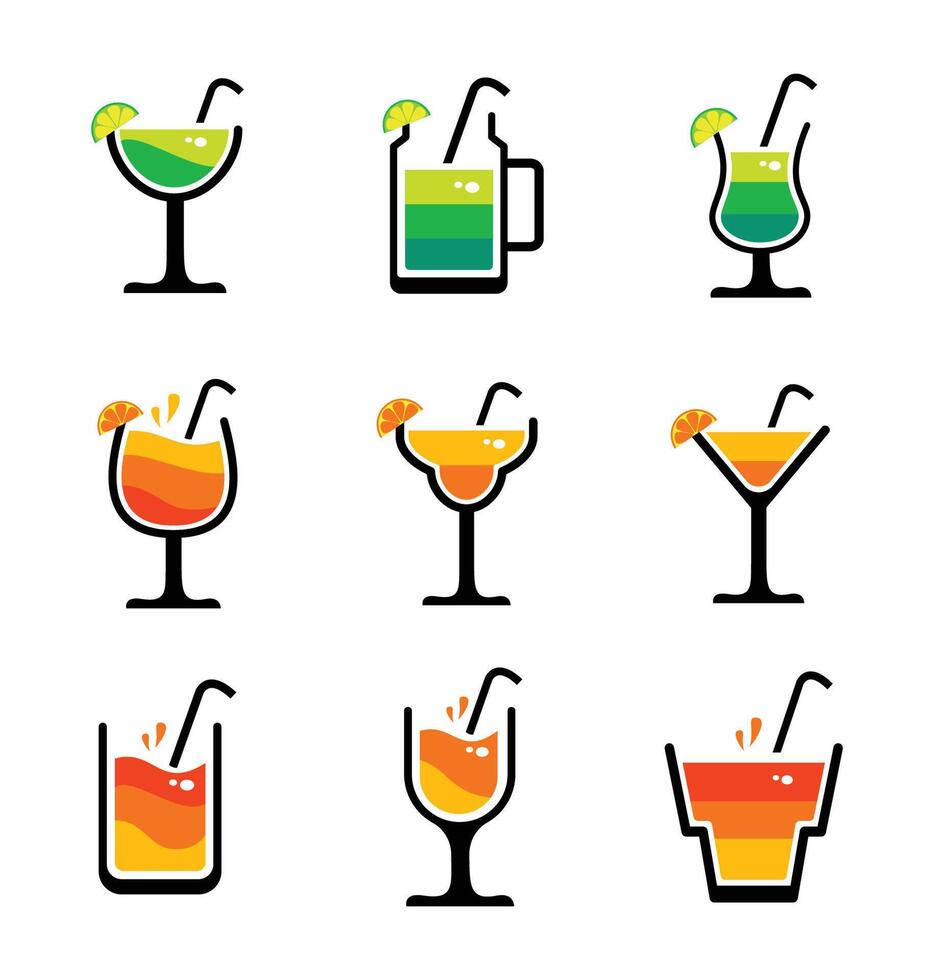 bebida icono conjunto vector. mano dibujado alcohólico cóctel. línea Arte ilustración de lentes para bebidas vector