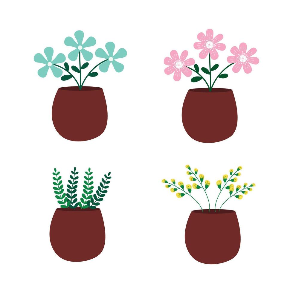 Set of simple vases with blooming flowers for decoration. Vector illustration