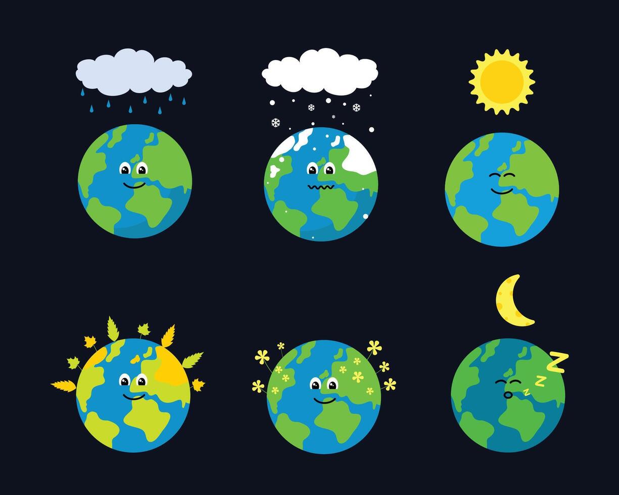 Earth character with expression on the different season. cute earth vector illustration