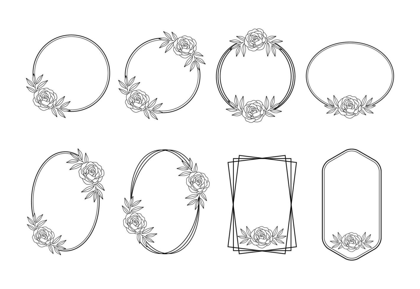 Circlular and round shape frame decorated with rose flower outline vector set