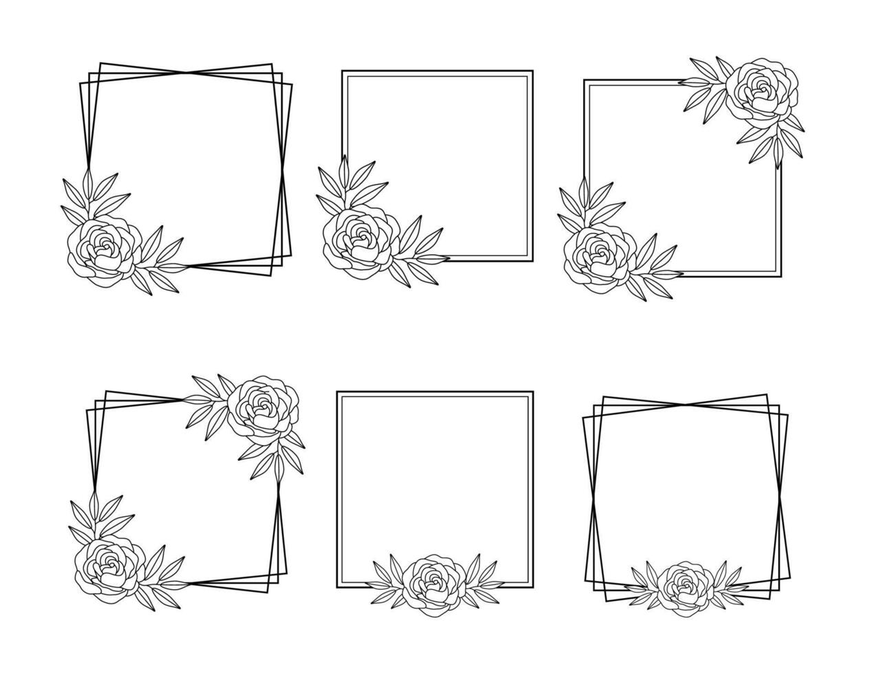 Square frame decorated with rose flower outline vector set