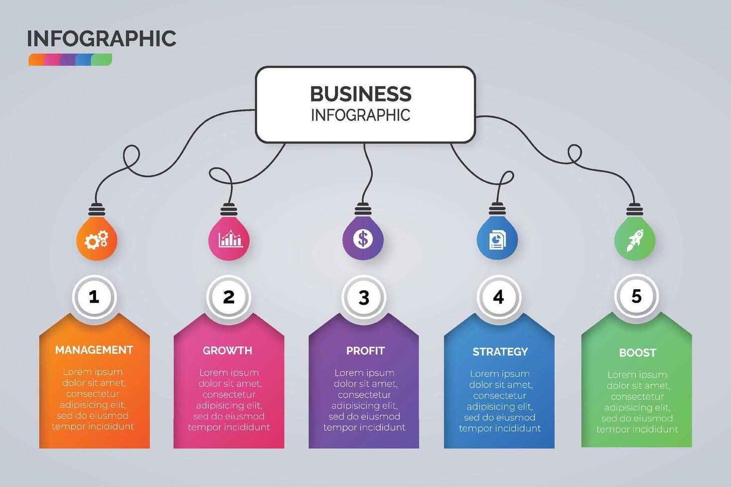 ligero bulbo infografía visualización modelo y negocio íconos vector. negocio concepto con 5 5 opciones, pasos, proceso para presentación, disposición, diagrama cuadro, anual reporte vector