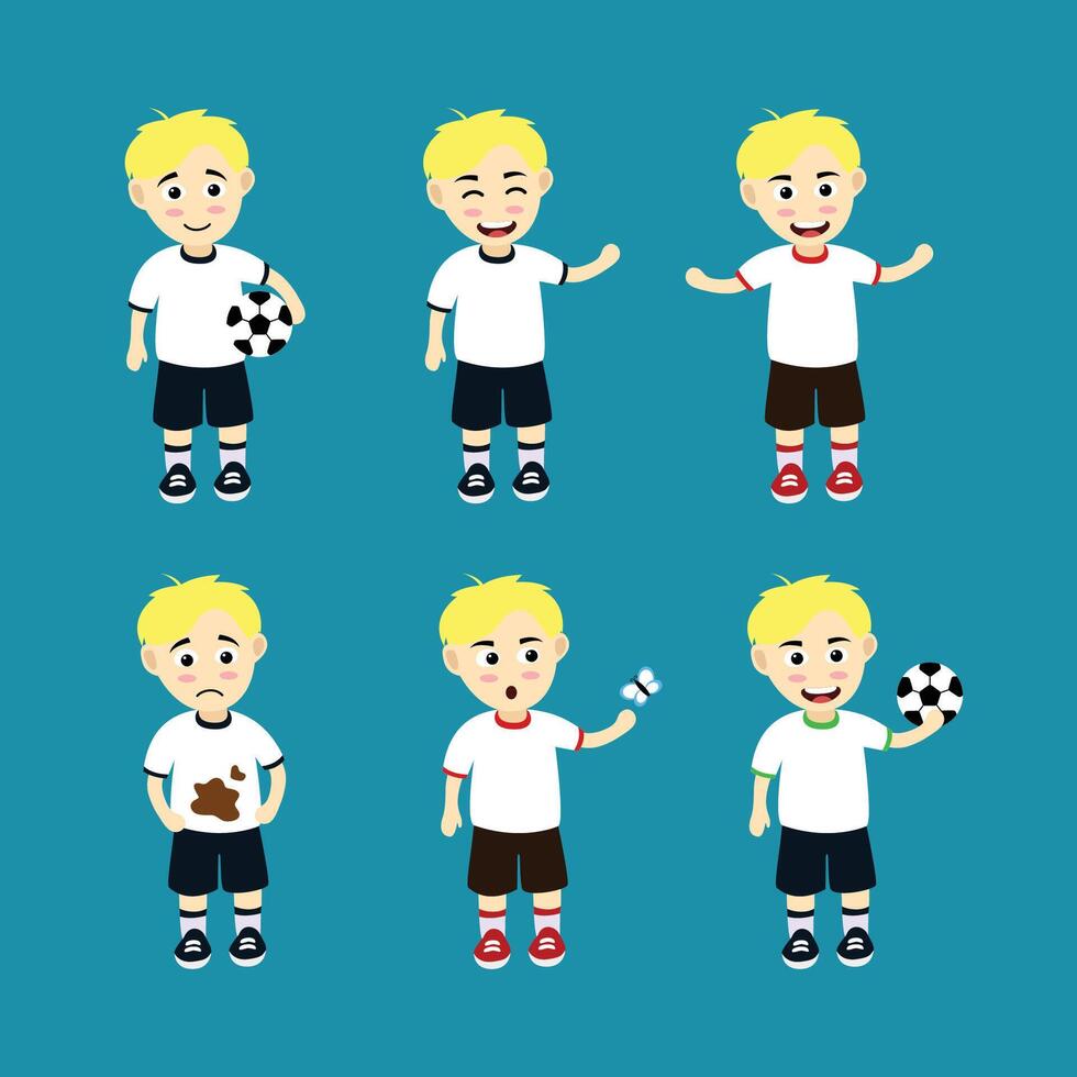 Cute Little kids boy set. Blonde child playing sports vector illustration