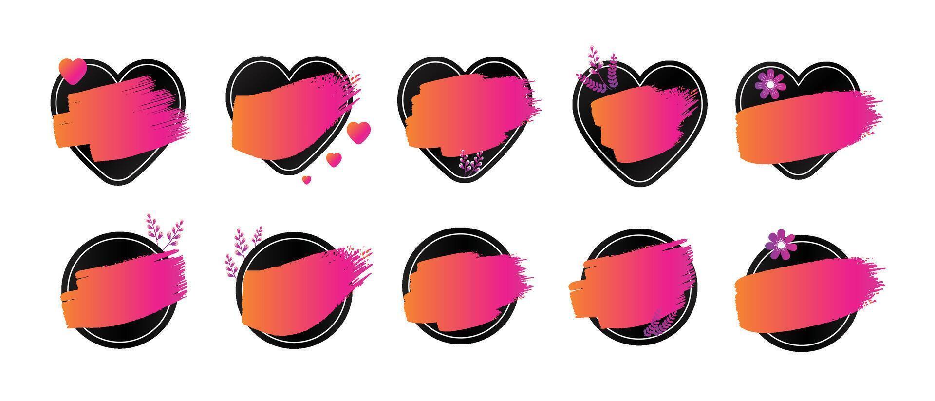 Brush stroke on heart shape frame collection. Paint brush stroke vector illustration