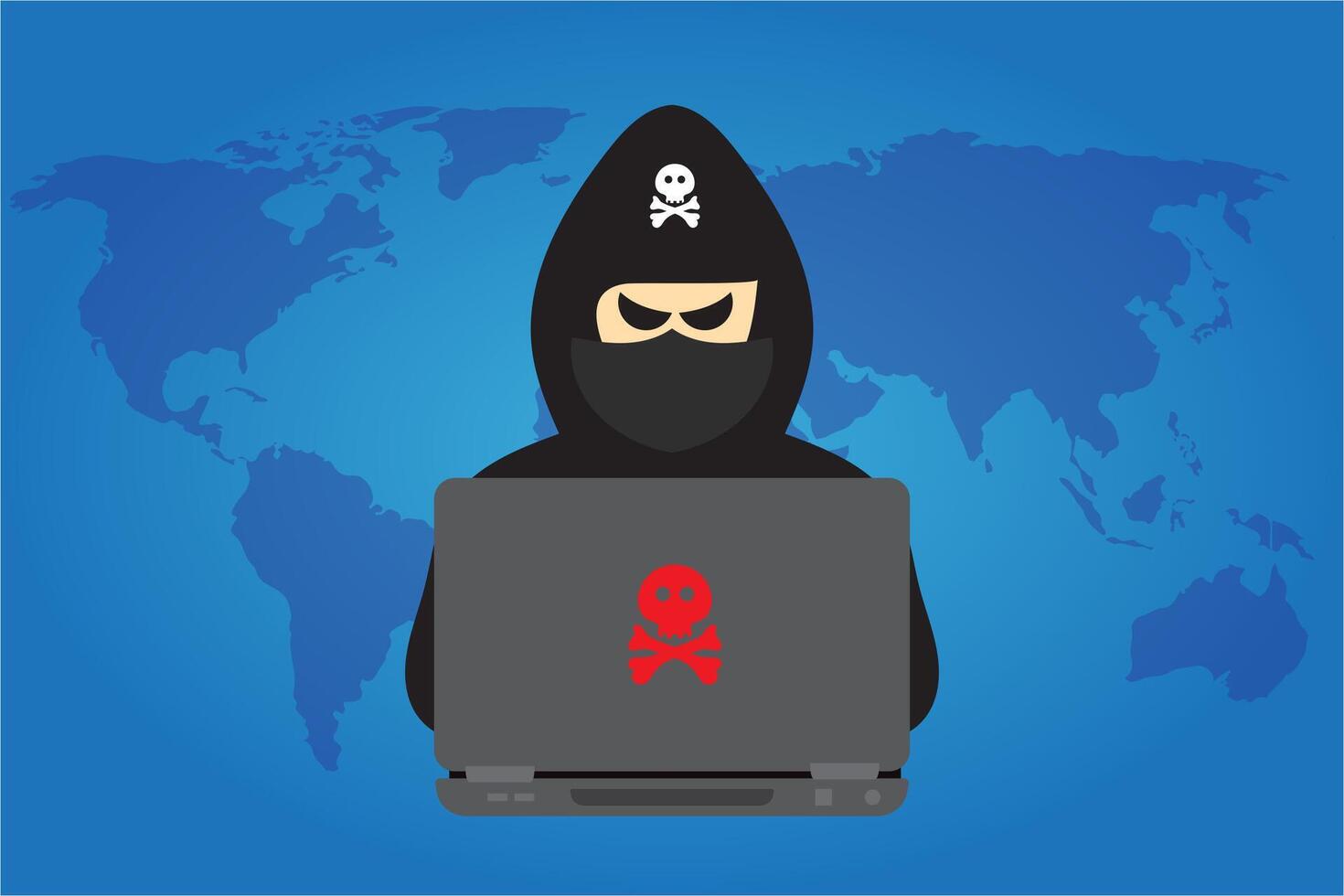 Hacker in black hood with laptop trying to cyber attack. vector