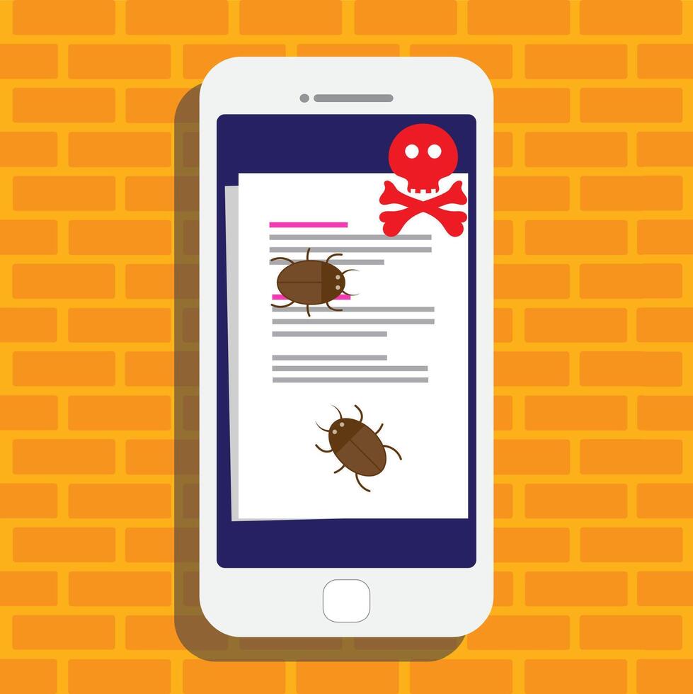 Malware notification on smartphone notice vector, flat mobile phone and skull bones bubble red alert, concept of spam data, fraud internet error message. vector