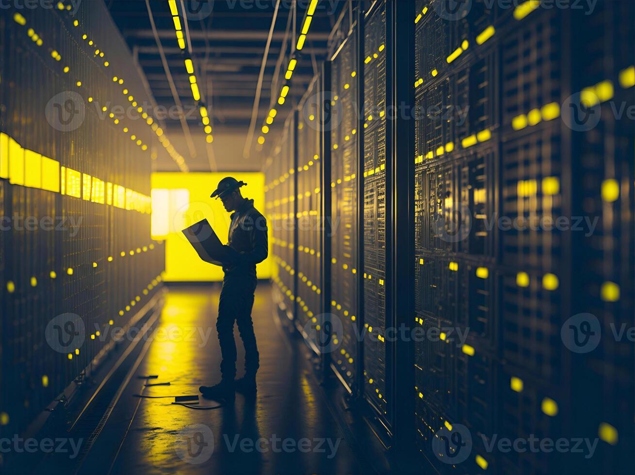 AI generated Futuristic Concept of Data Center In Warehouse, Information Digitalization Lines Streaming Through Server Room. photo