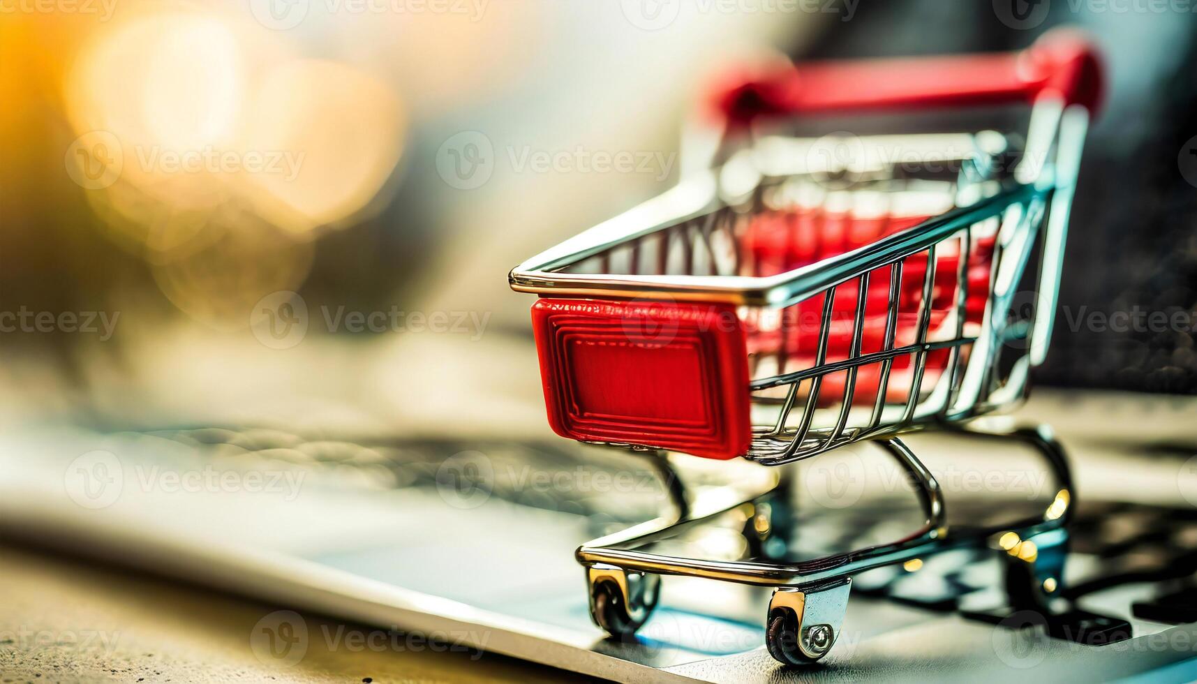 E commerce shopping cart toy. Online sale, marketing and payment with discount picture. photo