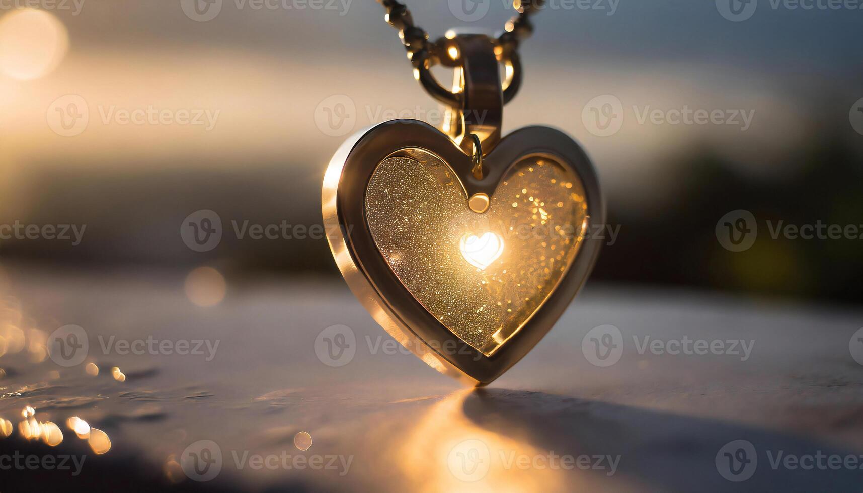 Glowing shiny gold heart keychain for romantic valentine day or wedding date ceremony. photo