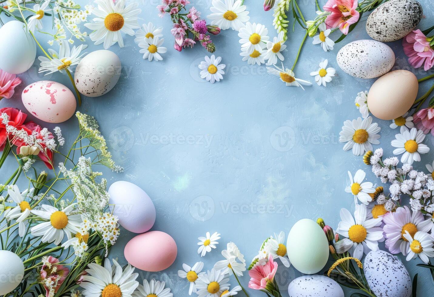 AI generated Elegant Easter Celebration With Decorated Eggs and Spring Flowers on a Pastel Background photo