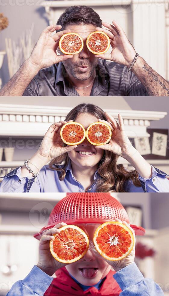 family fun putting oranges on the eyes photo