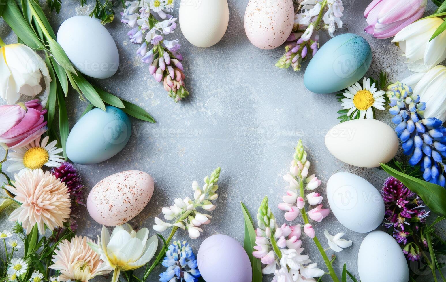 AI generated Elegant Easter Celebration With Decorated Eggs and Spring Flowers on a Pastel Background photo