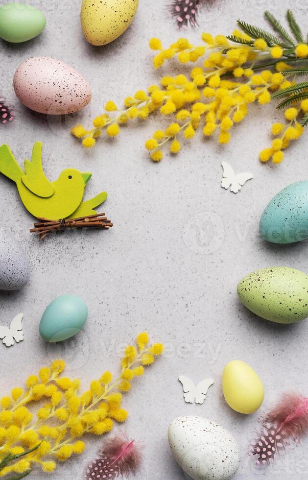 Colorful Easter Eggs and Yellow Mimosa Flowers Arranged on a Soft Background photo