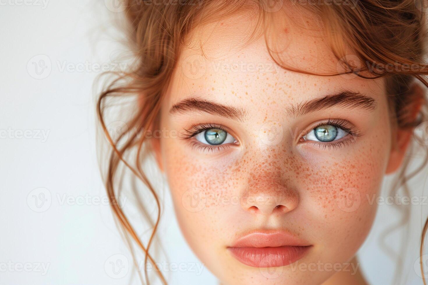 AI generated Close-Up Portrait of a Woman With Sparkling Makeup and Striking Blue Eyes photo