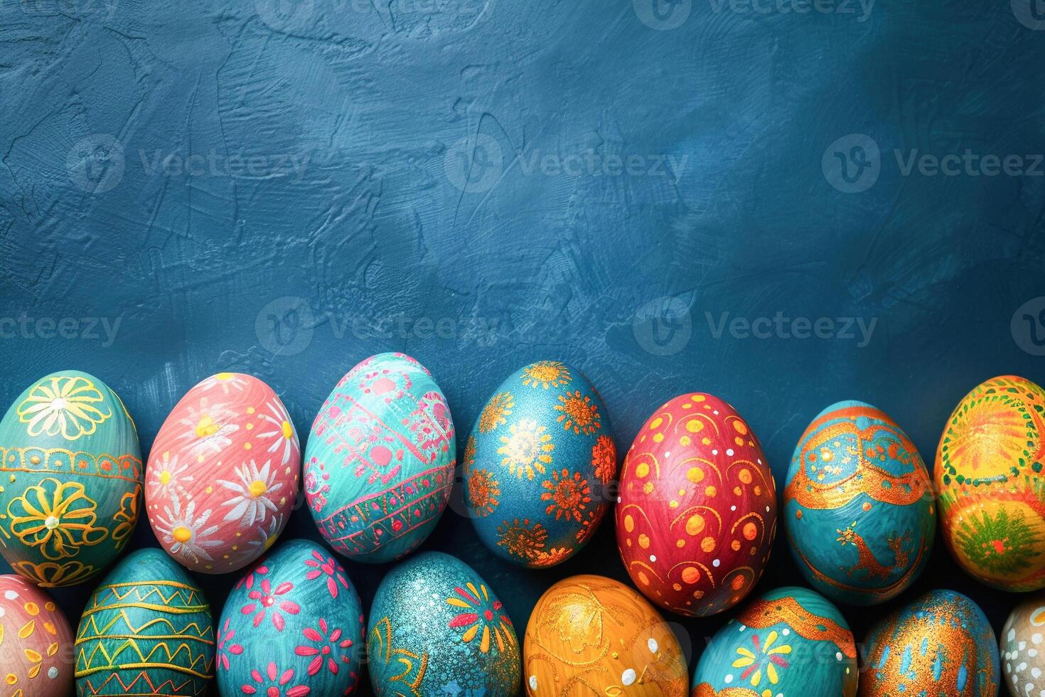 AI generated Vibrantly Decorated Easter Eggs Lined Up Against a Textured Blue Background photo