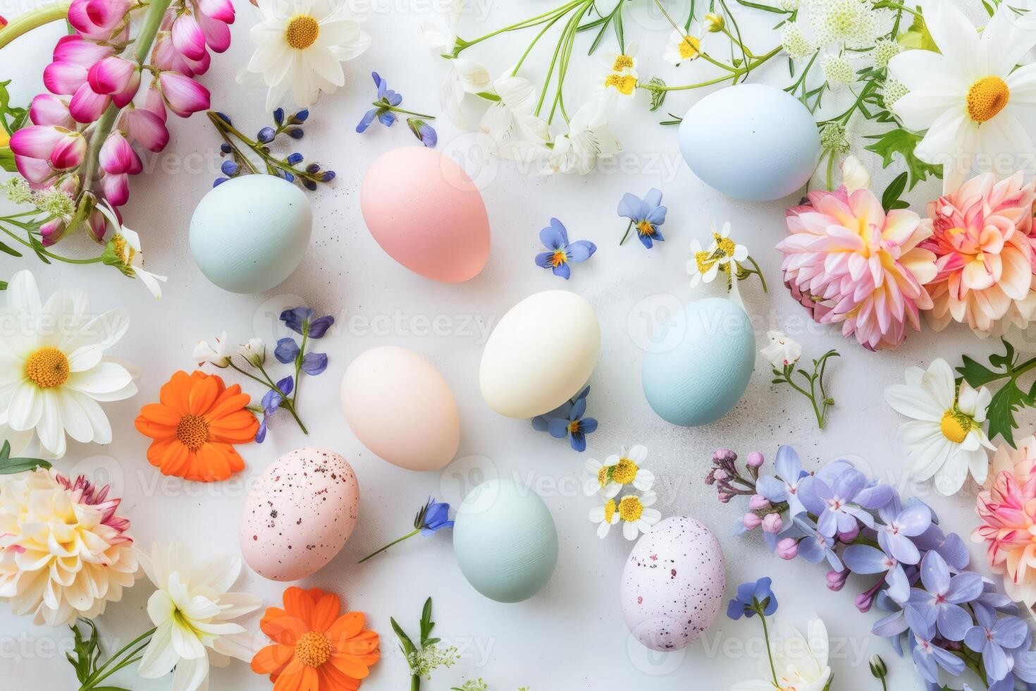 AI generated Elegant Easter Celebration With Decorated Eggs and Spring Flowers on a Pastel Background photo