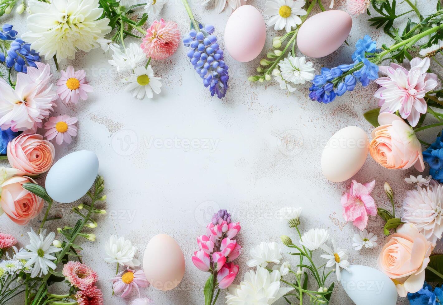 AI generated Elegant Easter Celebration With Decorated Eggs and Spring Flowers on a Pastel Background photo