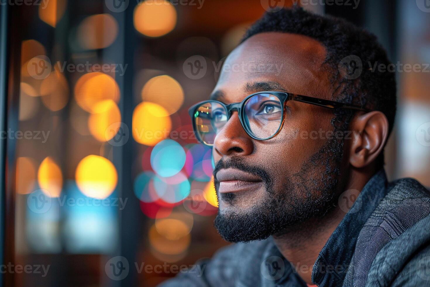 AI generated Contemplative Man Wearing Glasses Gazing Through a Window At Night photo