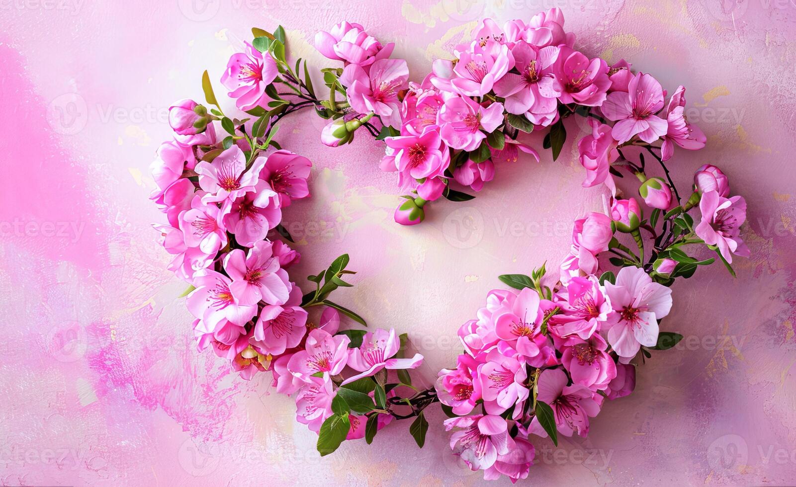 AI generated Vibrant Pink Floral Heart Wreath Displayed on a Soft Pastel Background photo
