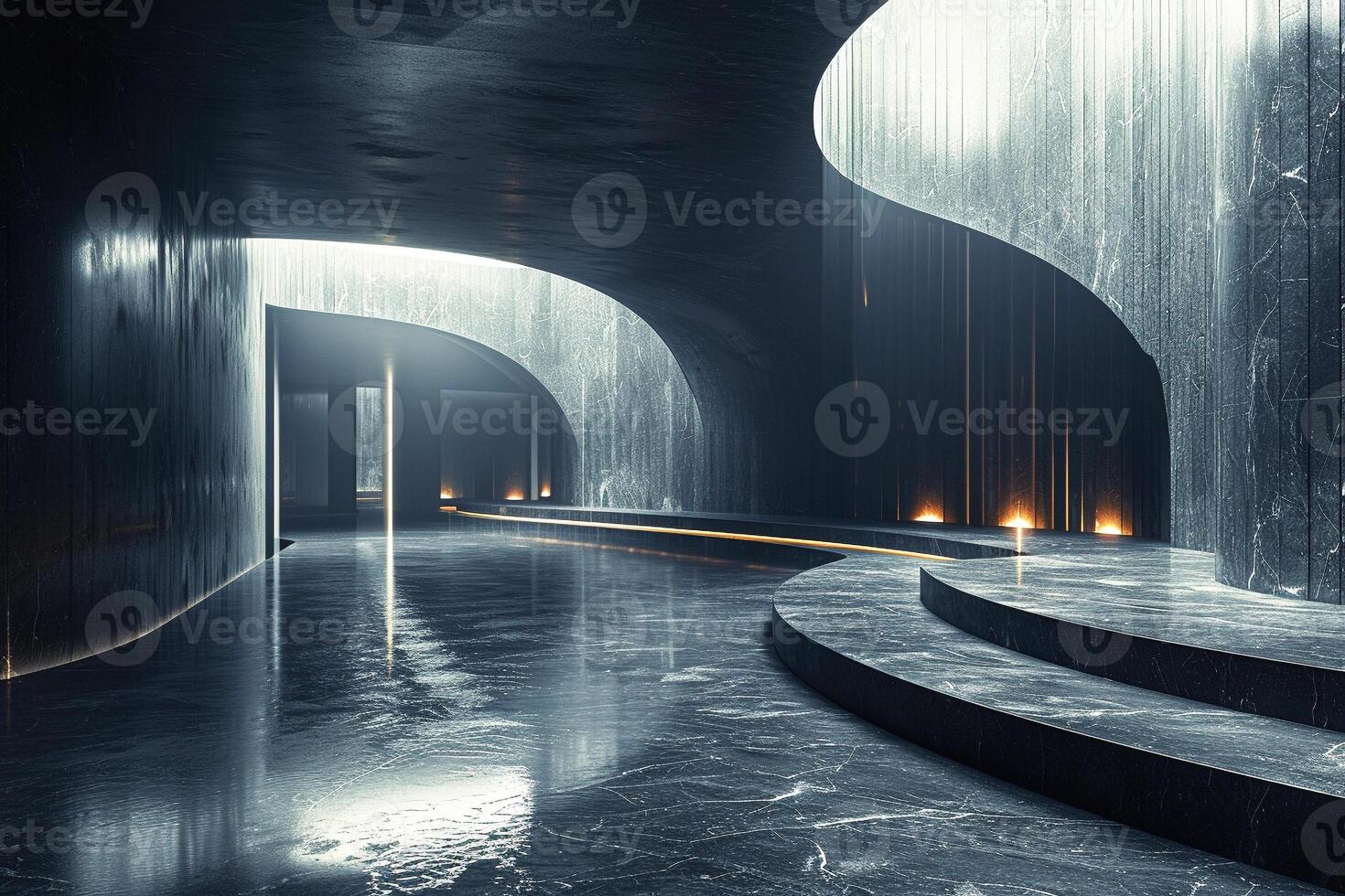 AI generated Modern Architectural Design Featuring Curved Structures and Water Elements in a Dimly Lit Space photo