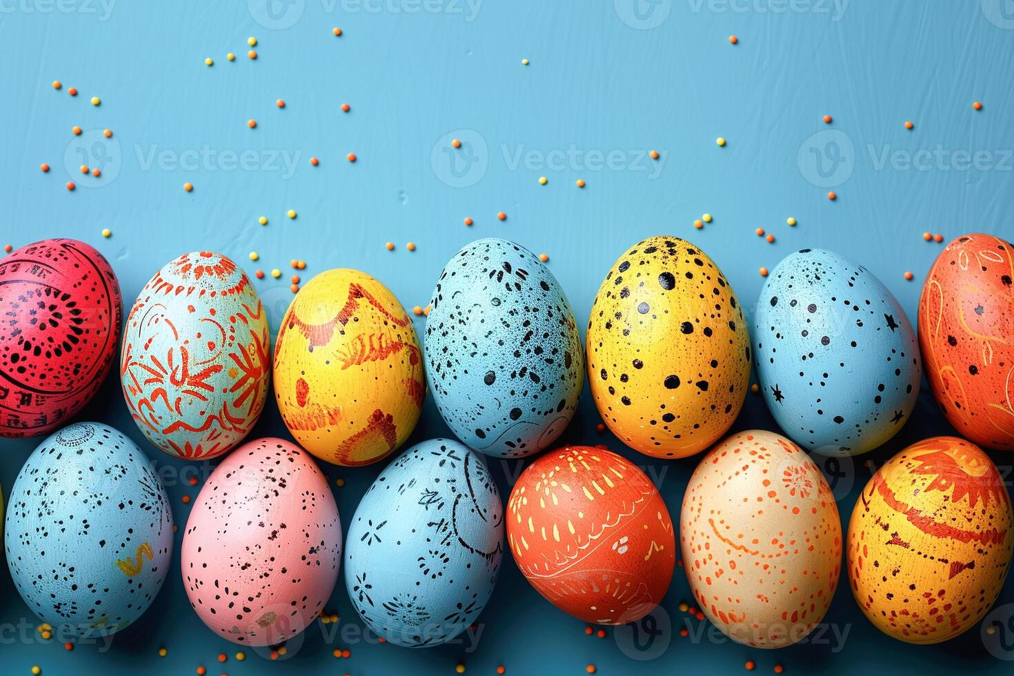 AI generated Vibrantly Decorated Easter Eggs Lined Up Against a Textured Blue Background photo