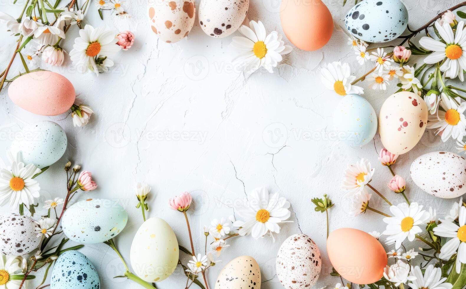 AI generated Colorful Easter Eggs and Spring Flowers Arranged on a White Background photo