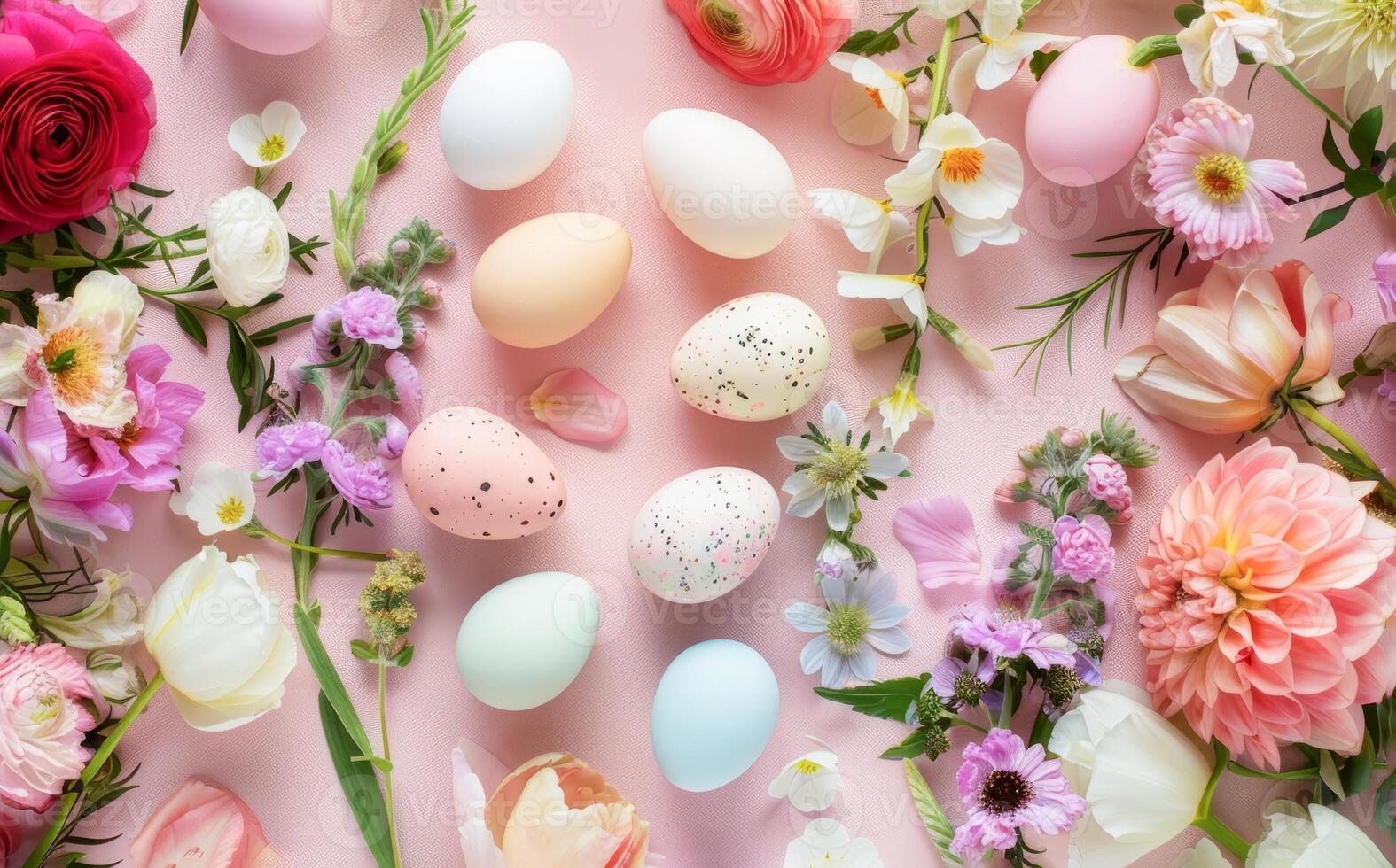 AI generated Elegant Easter Celebration With Decorated Eggs and Spring Flowers on a Pastel Background photo