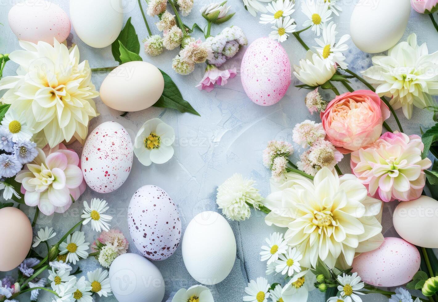 AI generated Elegant Easter Celebration With Decorated Eggs and Spring Flowers on a Pastel Background photo