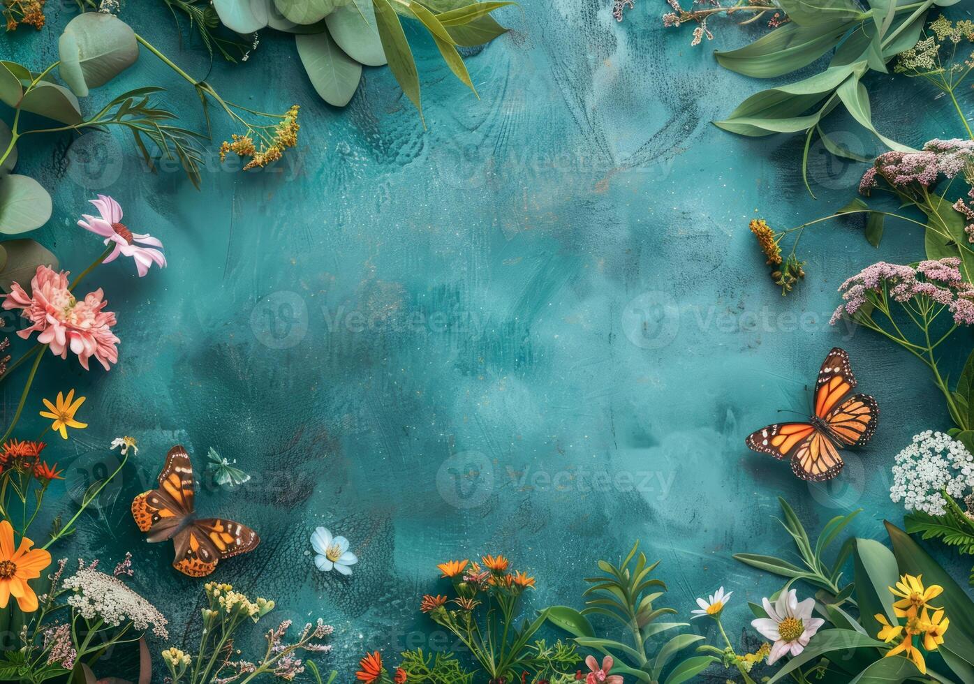 AI generated Vibrant  Butterflies Adorning a Floral Frame With Tropical Foliage photo