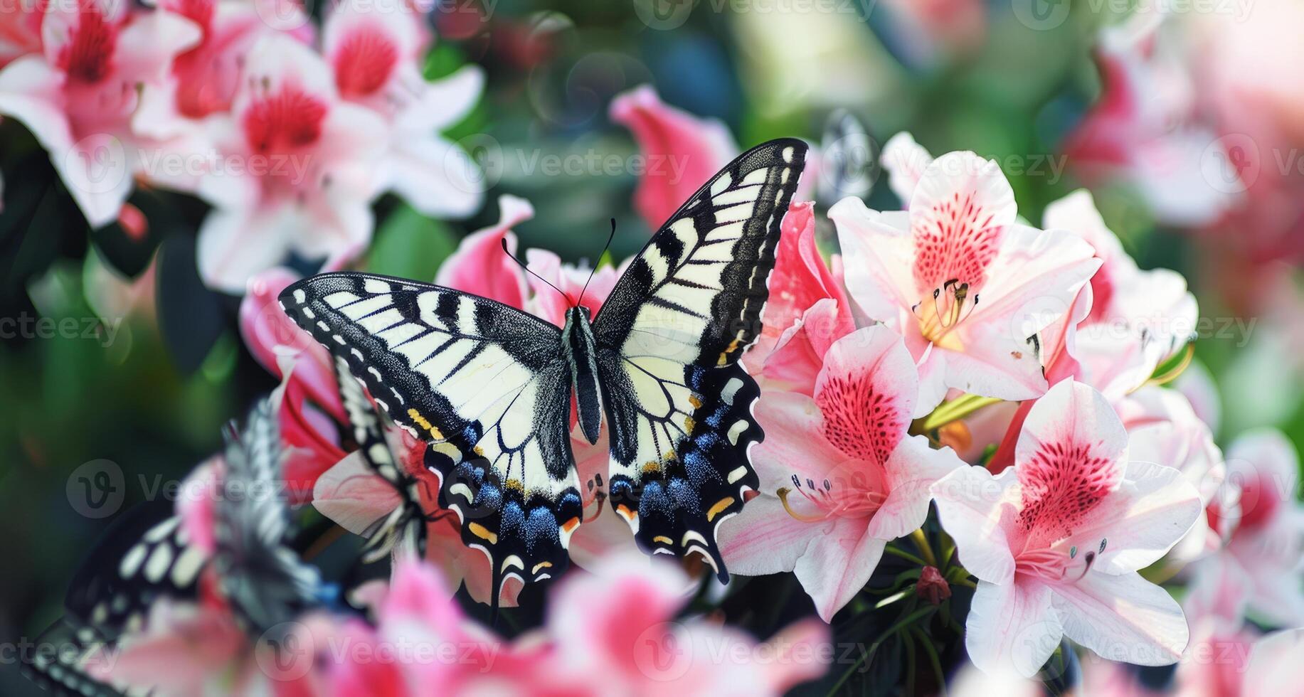 AI generated Butterfly Perched on Vibrant Pink Azalea Blooms photo