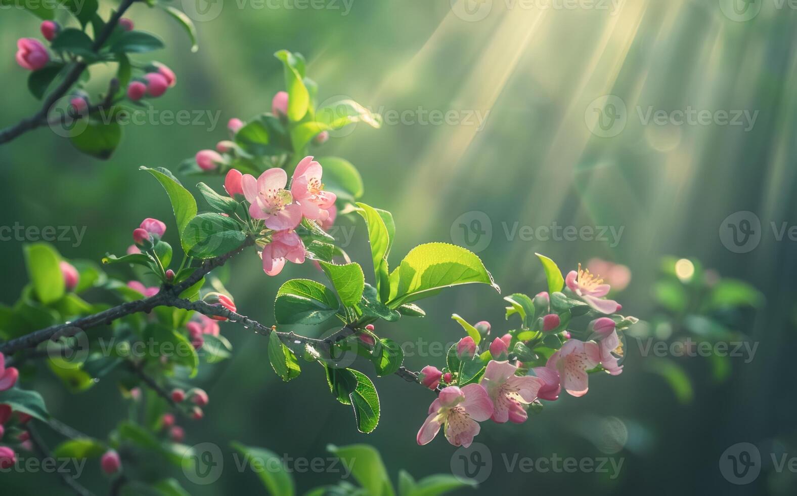AI generated Spring Blossom Delight Pink Flowers Against Sunlit Natural Backdrop photo