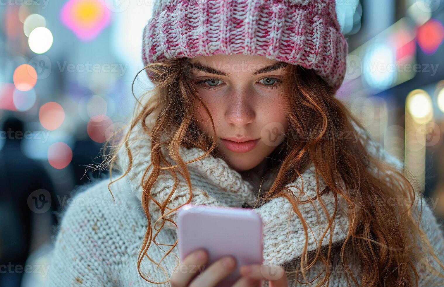 AI generated Young Woman In Knit Hat Using Smartphone On Busy City Street At Night photo