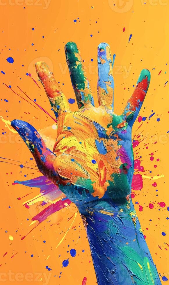 AI generated Vibrant Rainbow Paint Splattered Hand Against a Bright Orange Background photo